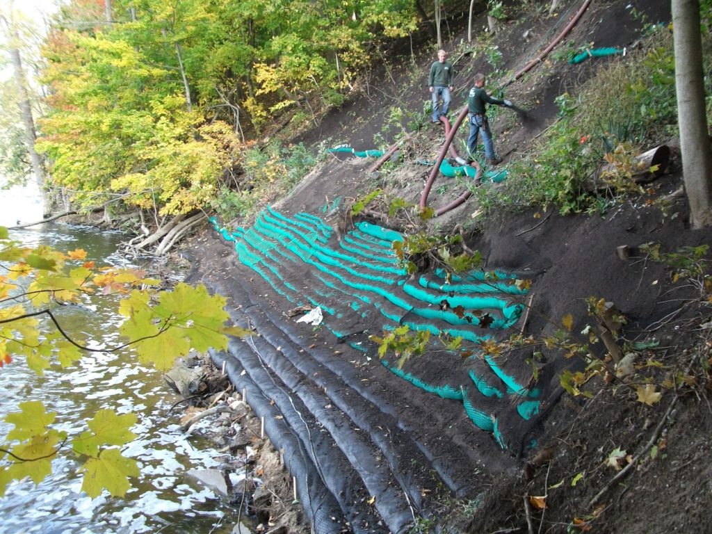 Compost Filter Socks on a sloping shoreline