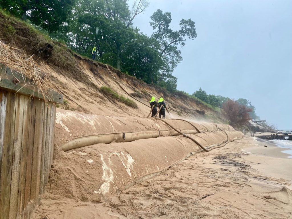 Geotextile barrier on a shoreline