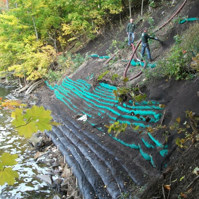 Compost Filter Socks on a sloping shoreline Compost Filter Socks on a sloping shoreline