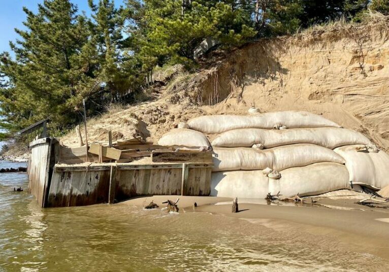 geotextile tubes installed along the lakeshore