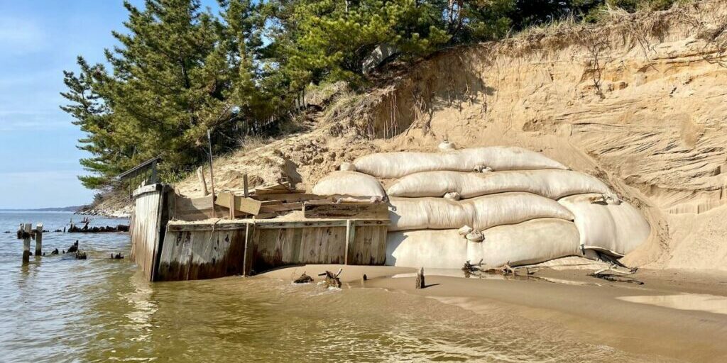 geotextile tubes installed along the lakeshore
